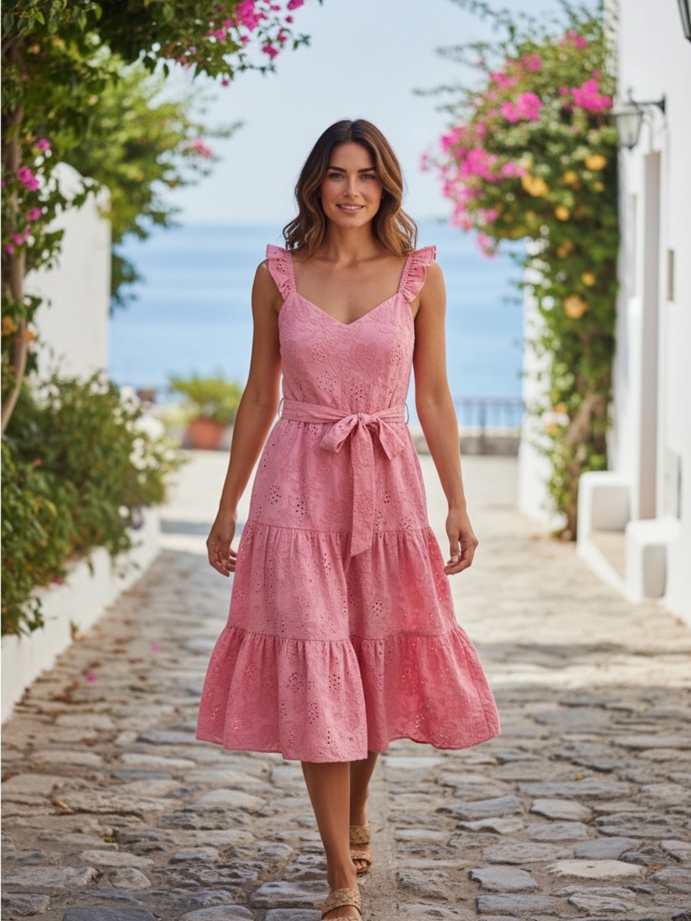 WILLA STORY Penelope Size‎ Large Pink Eyelet Belted Tiered Cotton MIDI Dress